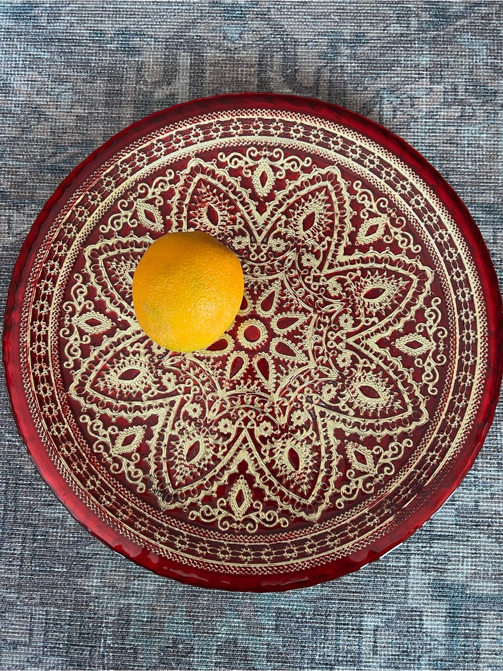 Pier 1 Dish Decorative Glass Round Tray Red and Gold